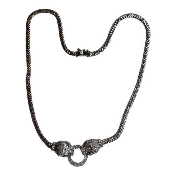 Sterling Silver Panther Cougar Head Necklace Pave Rhinestone Emerald Green Eyes - Picture 1 of 8